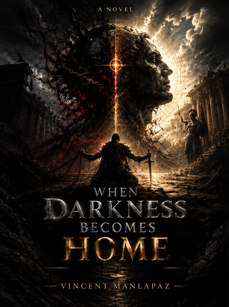Cover of When Darkness Becomes Home: A Novel by Vincent Manlapaz — a chained gladiator before a colossal golden face amid ruined Roman columns