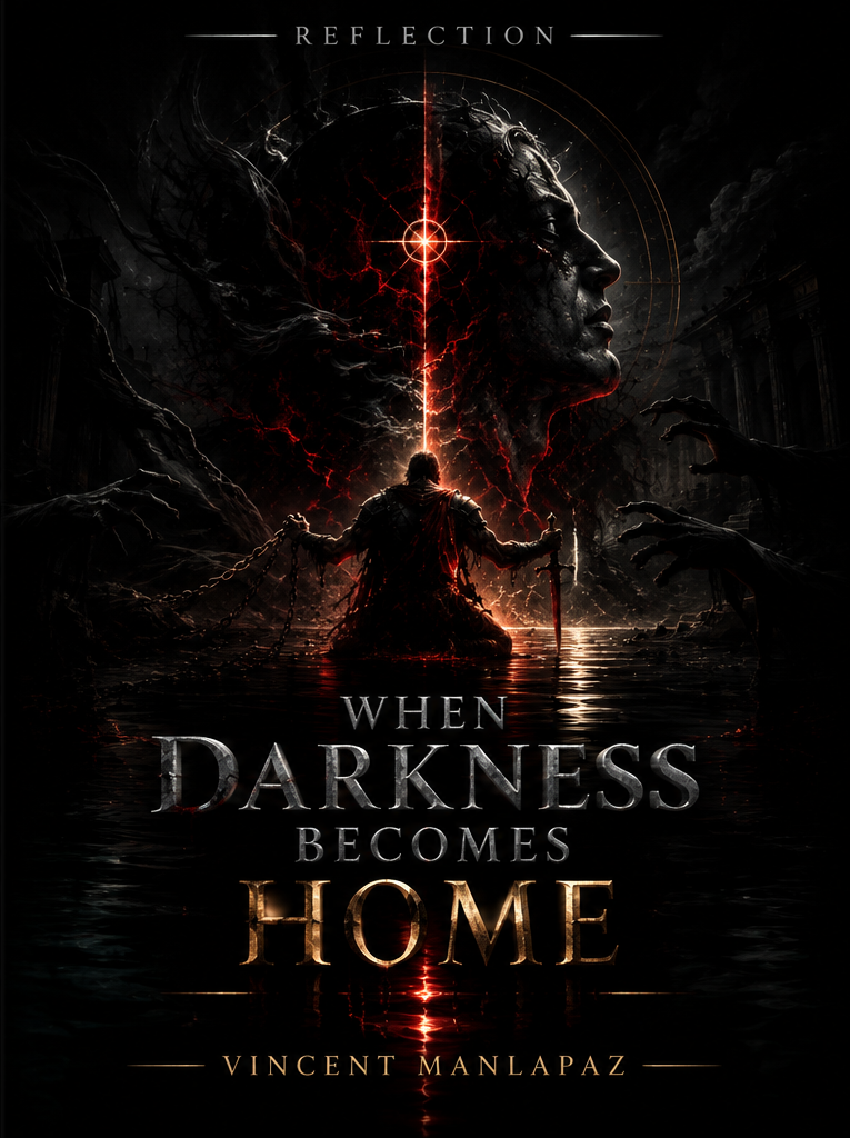 Cover of When Darkness Becomes Home: Reflection by Vincent Manlapaz — a kneeling gladiator in chains beneath a fractured crimson face over dark water