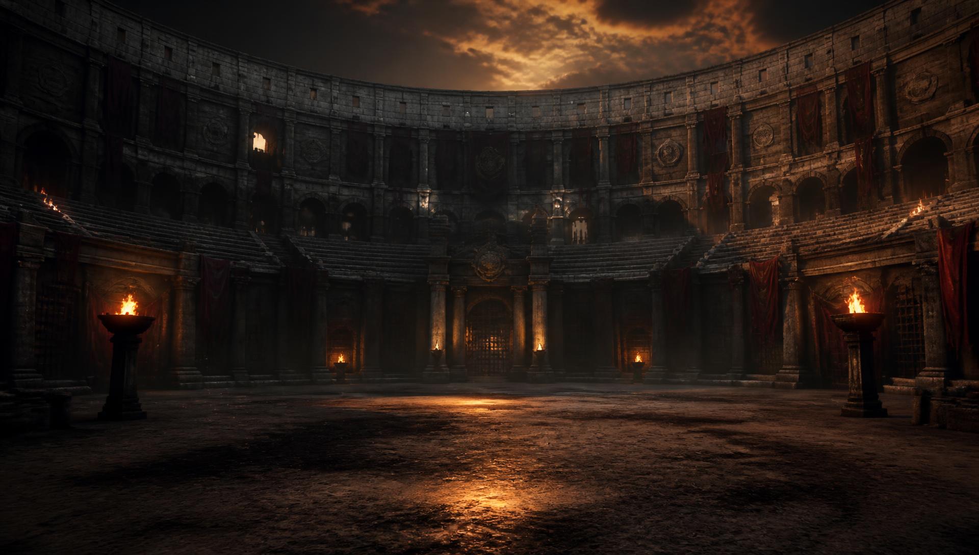 Torchlit Roman arena at dusk, empty sand floor beneath towering stone tiers