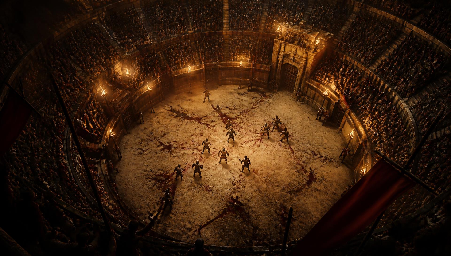 Bloodied Roman arena seen from above, gladiators fighting in the center while the crowd roars